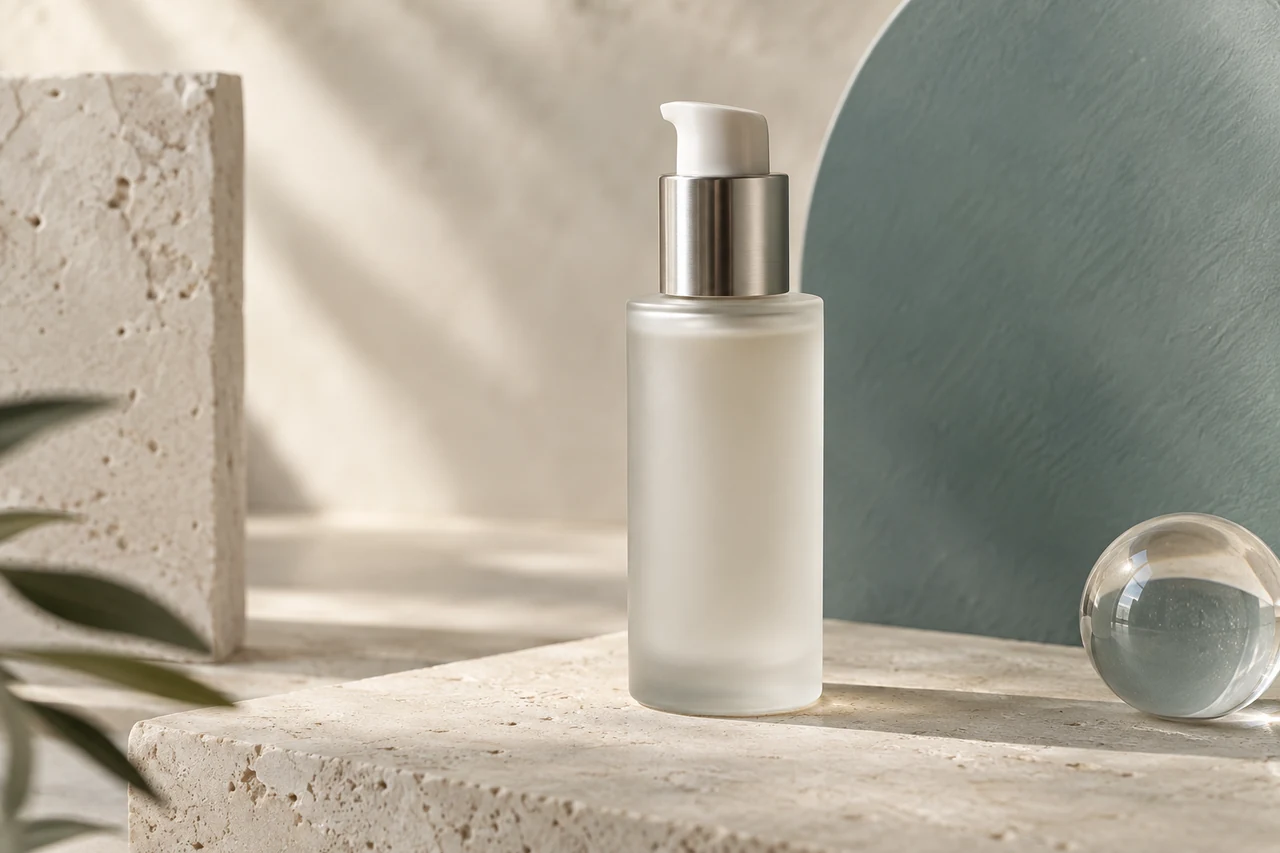 Нейтральный флакон уходового средства в премиальной предметной композиции без бренда и надписей